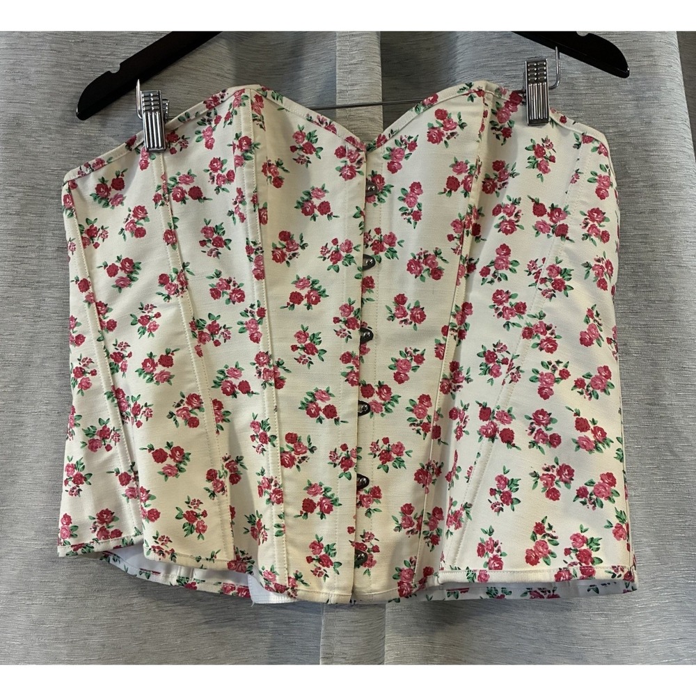 Adore Me Corset Top Womens Medium White Floral Rose Lace Up Overbust Romantic 6X